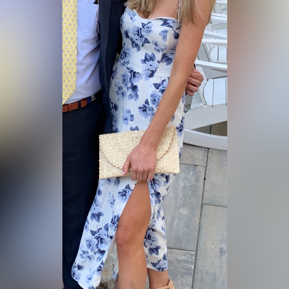 XS Abercrombie Faux Silk High-Slit Midi Maxi Dress Blue and White